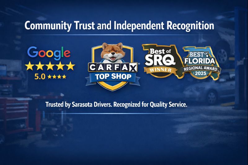 Recognition badges showing Google 5-star reviews, CARFAX Top Shop status, Best of SRQ awards, and Best of Florida Regional Award 2025 for Sherman’s Auto Repair in Sarasota, Florida