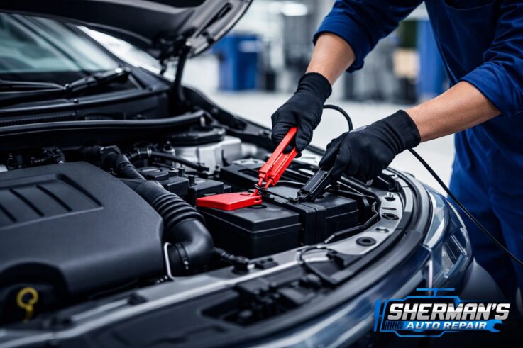 Mechanic diagnosing a car that won’t start in an auto repair shop