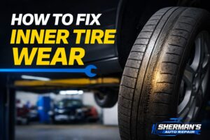 Close-up of tire with severe inner tire wear caused by wheel misalignment, requiring professional alignment and suspension inspection at Sherman’s Auto Repair in Sarasota