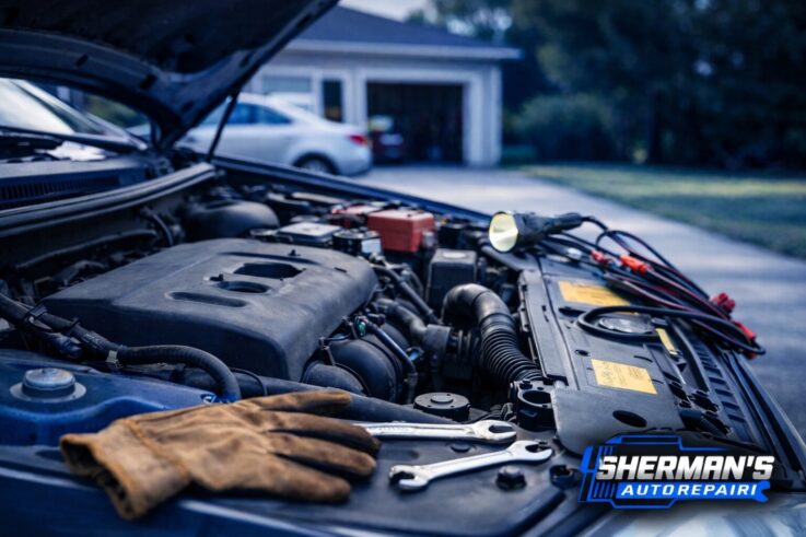 Open car hood showing engine bay with tools and jumper cables during a no-start situation at Sherman’s Auto Repair