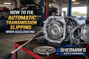 Automatic transmission removed from vehicle showing slipping issue during acceleration at Sherman’s Auto Repair