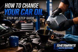 Mechanic pouring engine oil into a car during an oil change step-by-step guide at Sherman’s Auto Repair
