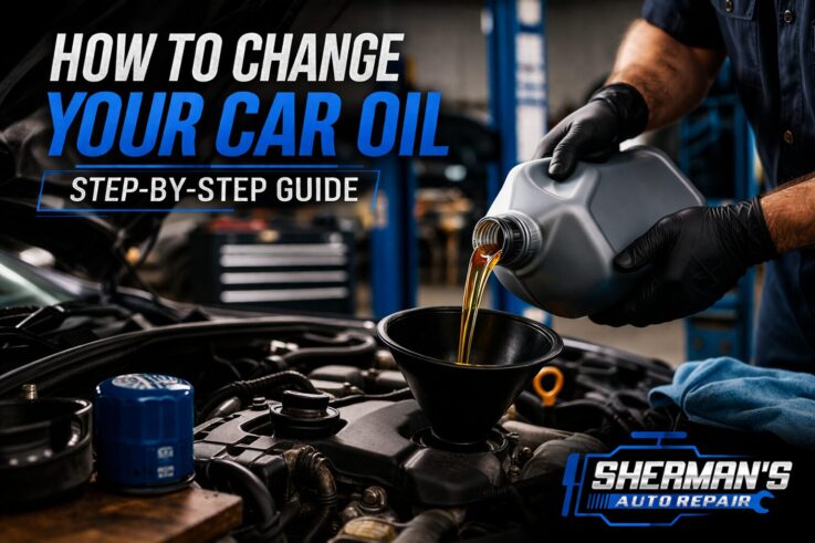 Mechanic pouring engine oil into a car during an oil change step-by-step guide at Sherman’s Auto Repair