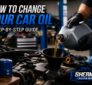 Mechanic pouring engine oil into a car during an oil change step-by-step guide at Sherman’s Auto Repair