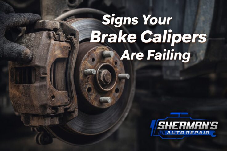 Rusty brake caliper and rotor showing signs of brake caliper failure at Sherman’s Auto Repair