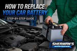 Mechanic installing a car battery in engine bay with step-by-step guide text by Sherman’s Auto Repair